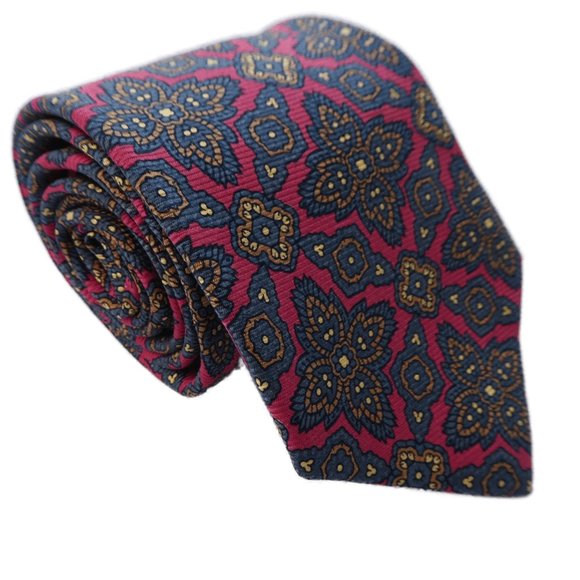 Vintage Burberrys of London Tie Mandala Floral Red Grey Yellow Gold 3.5 wide - Picture 1 of 8